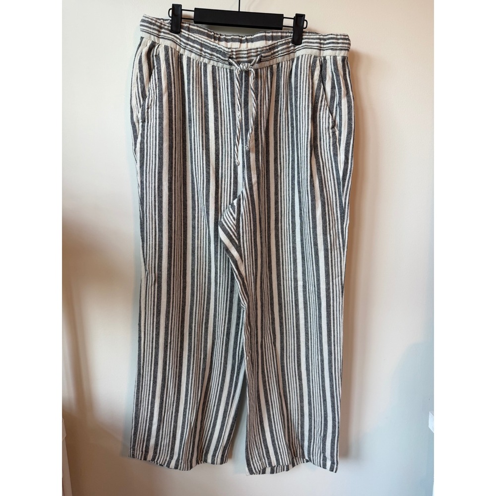 Old Navy Womens Large Black White Striped Linen Blend Wide Leg Drawstring Pants